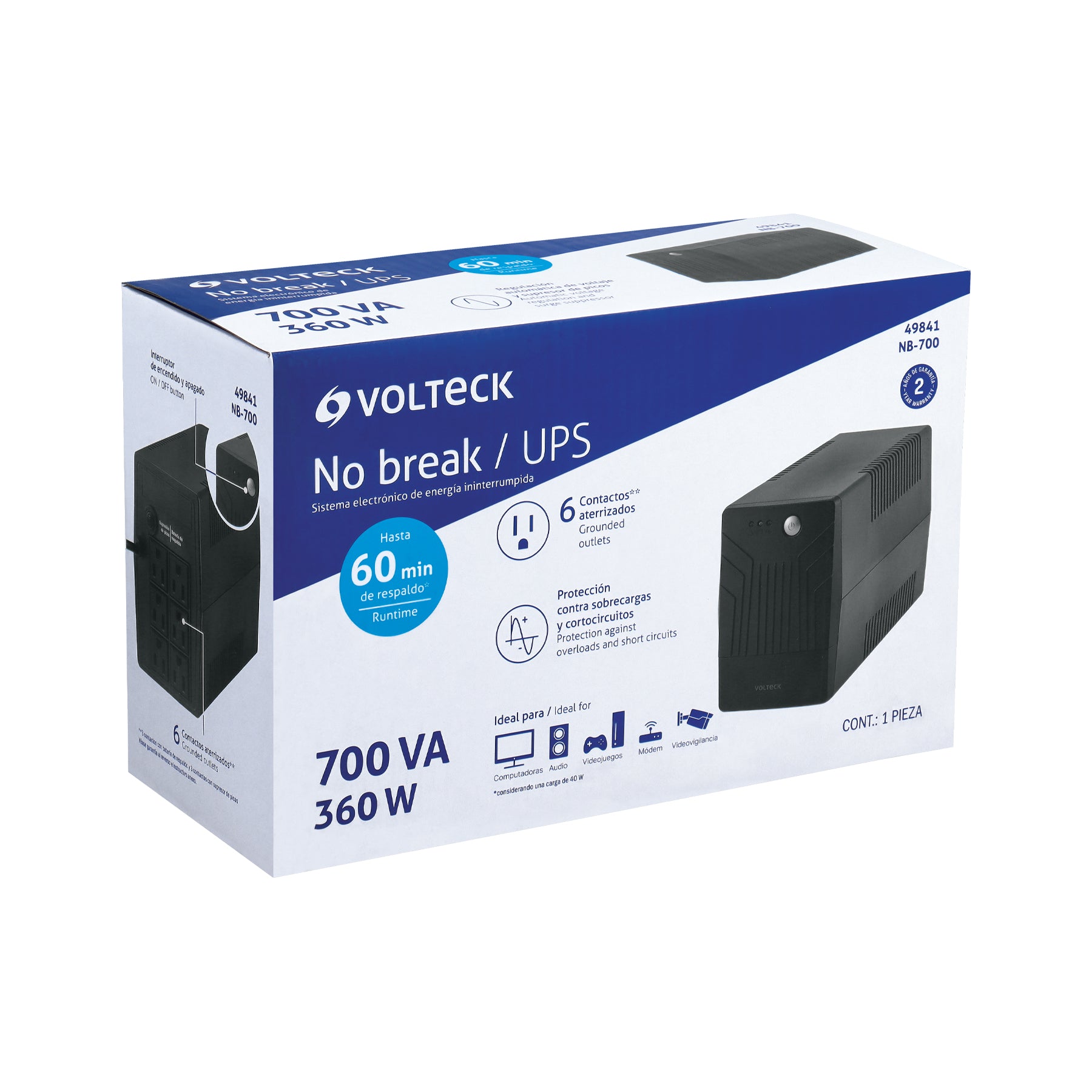 No Break 700 VA / 360 W con 6 contactos, Volteck
