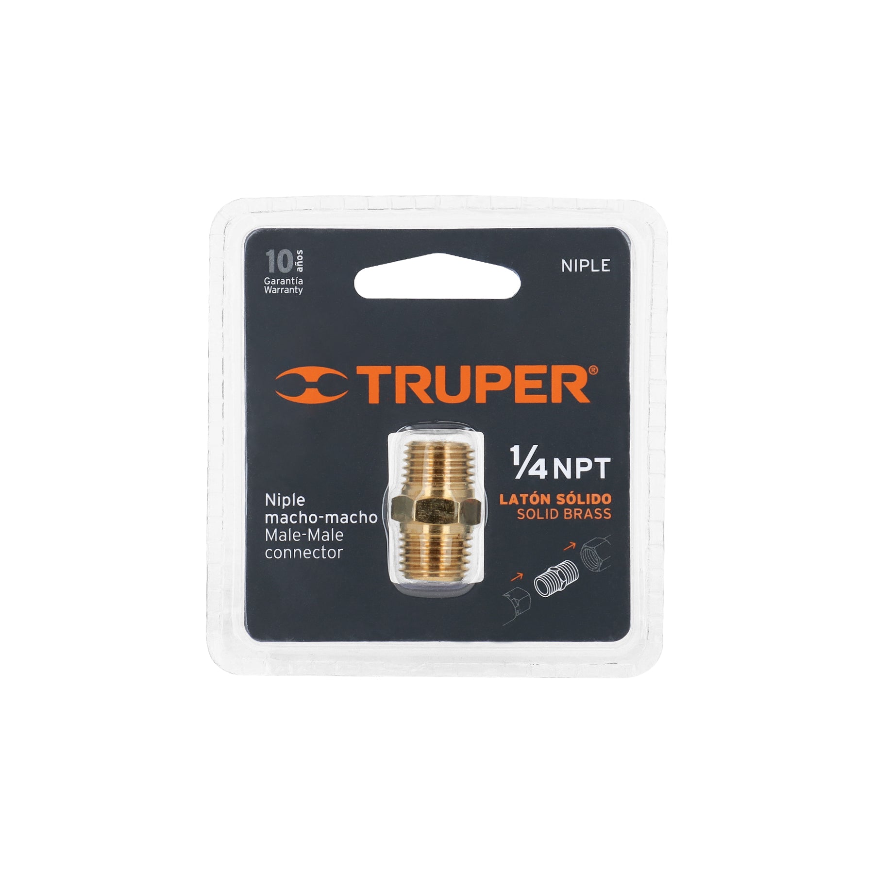 Niple de latón, tipo MM, cuerda 1/4 NPT