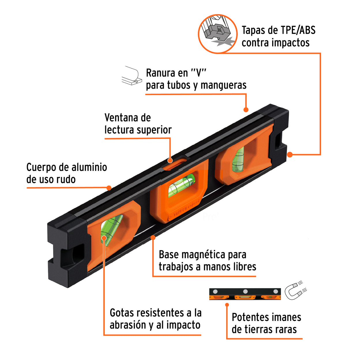 Nivel torpedo magnético 9" aluminio con cubiertas plásticas