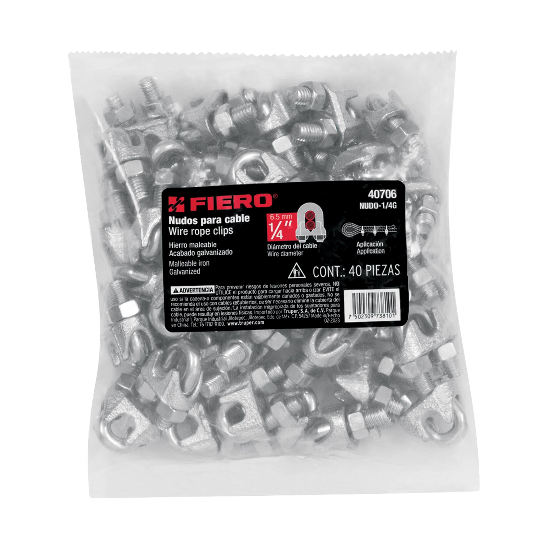 Bolsa con 40 nudos (perros) de hierro para cable de 1/4'