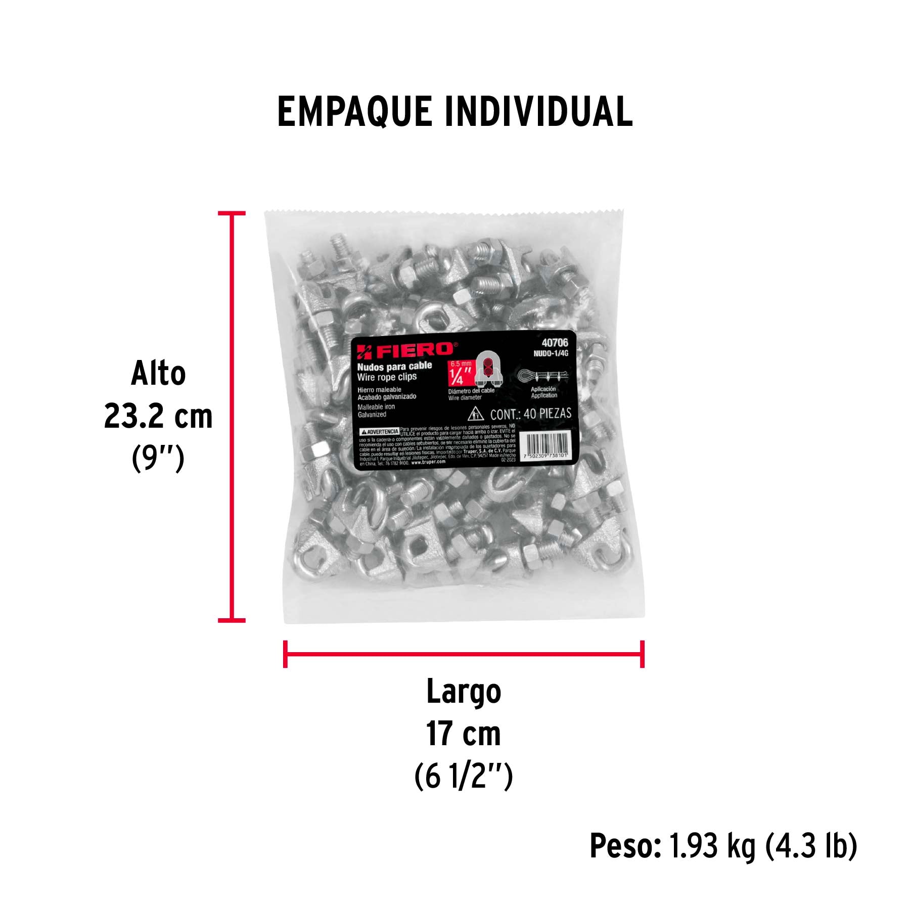 Bolsa con 40 nudos (perros) de hierro para cable de 1/4'