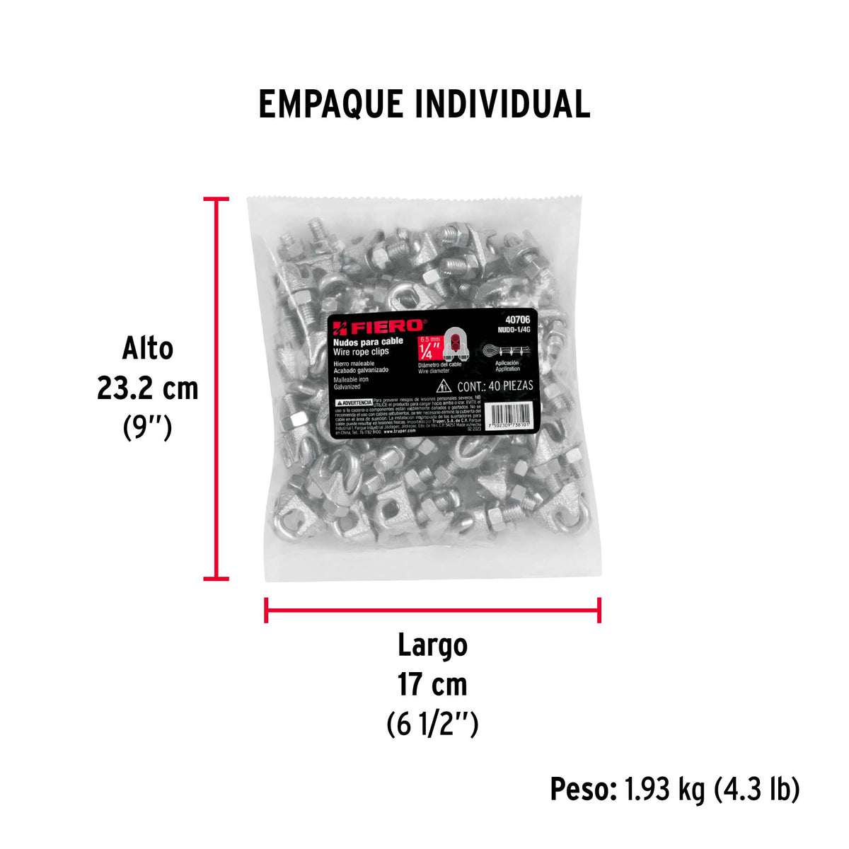 Bolsa con 40 nudos (perros) de hierro para cable de 1/4'