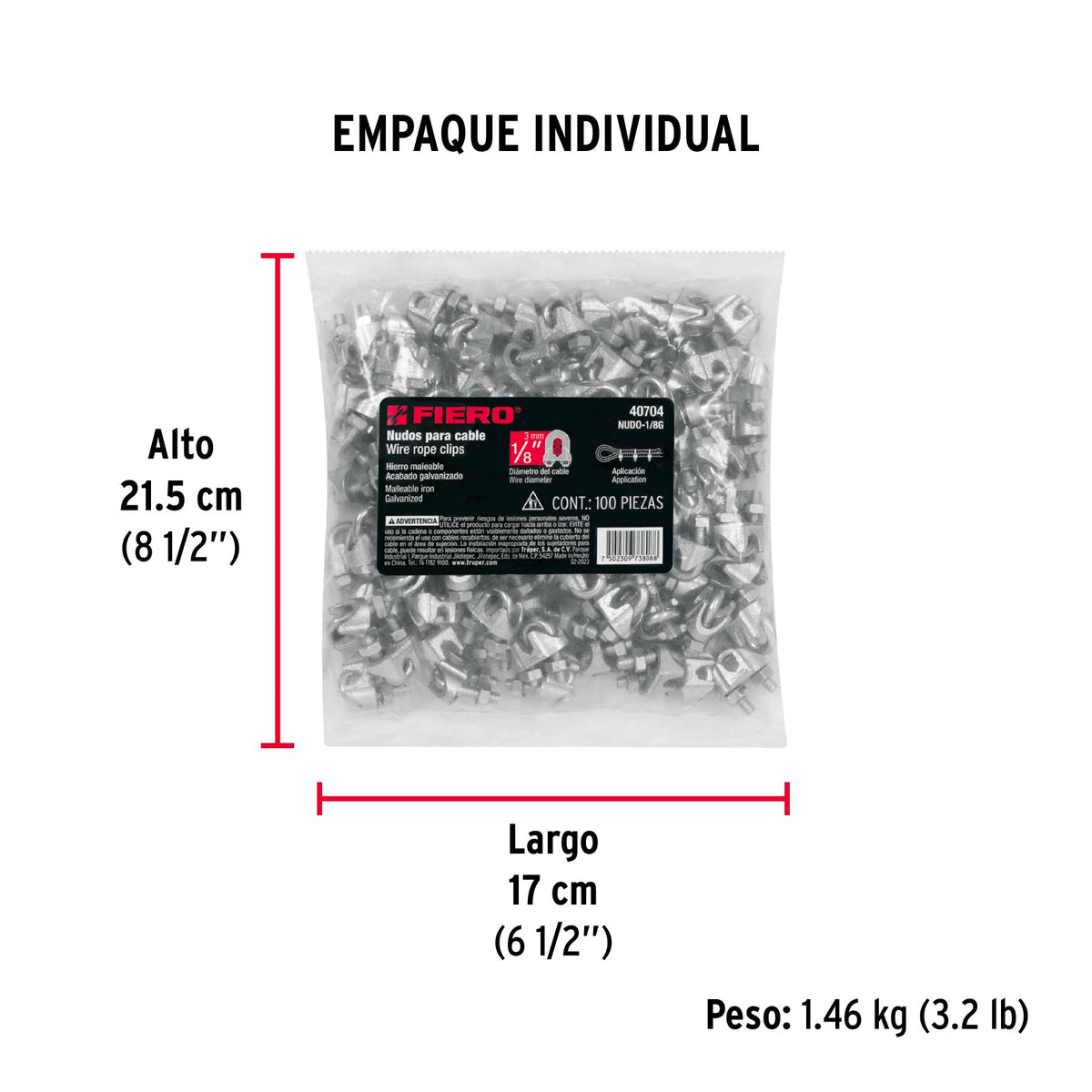 Bolsa con 100 nudos (perros) de hierro para cable de 1/8'