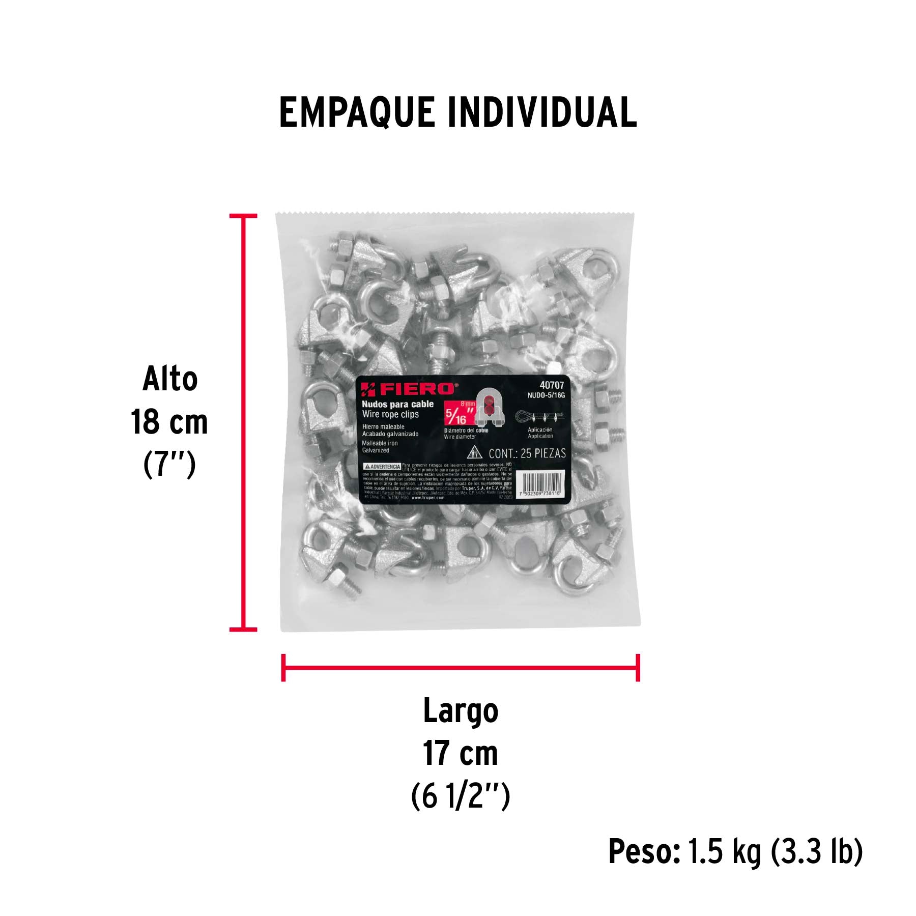 Bolsa con 25 nudos (perros) de hierro para cable de 5/16'