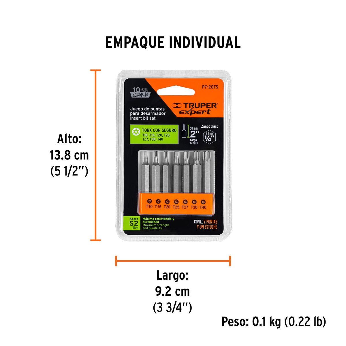 Juego de 7 puntas Torx con seguro, largo 2' en organizador