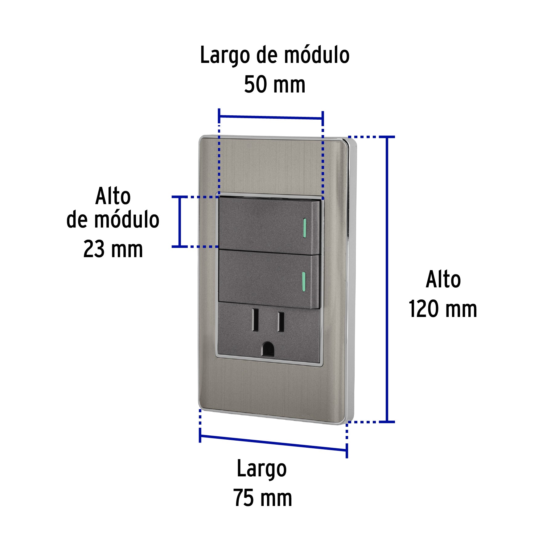 Placa armada acero 2 interruptores y contacto 1 mód,Lisboa