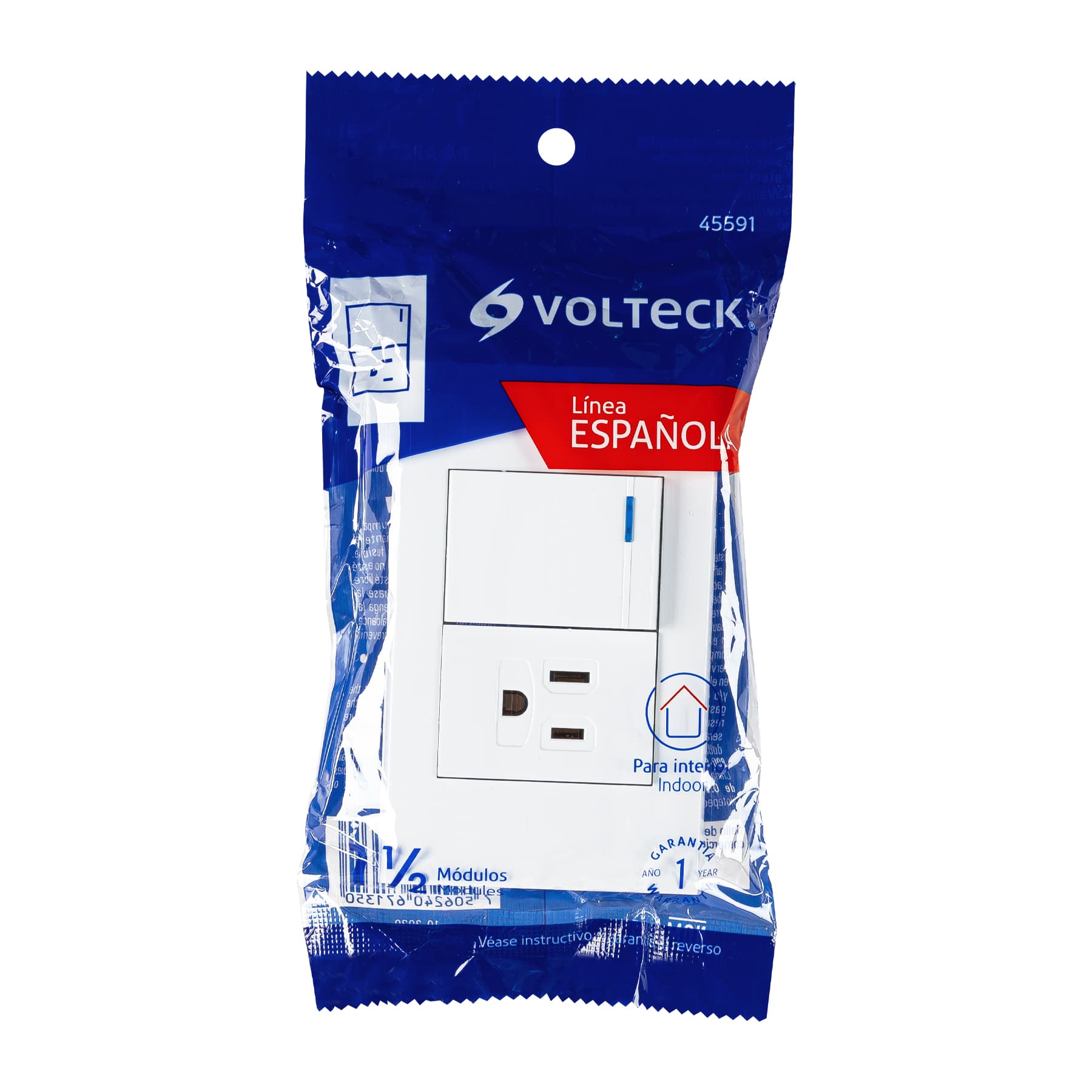 Placa armada 1 interruptor,1contacto,1.5mod,Española, blanco