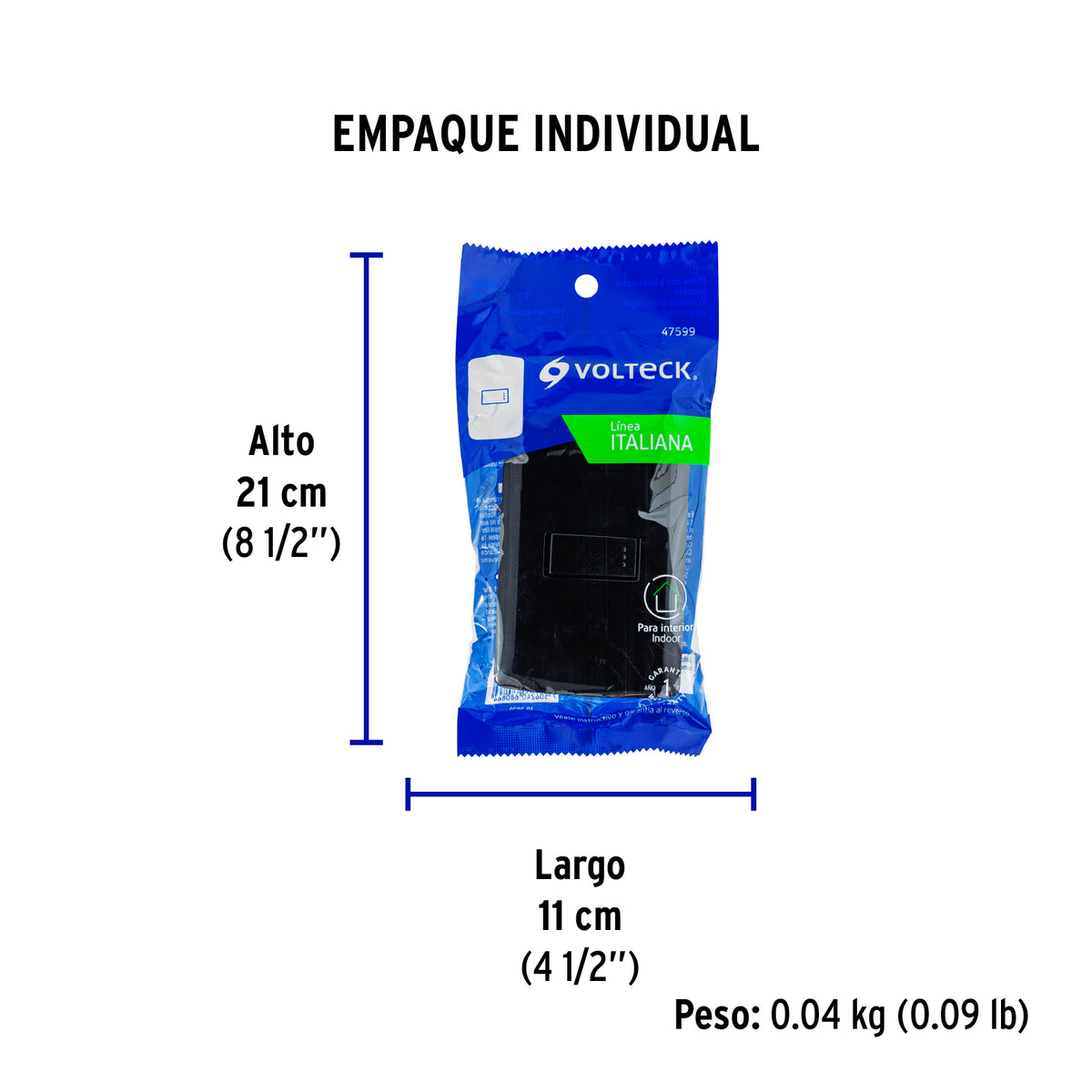 Placa armada 1 interruptor sencillo, negro, línea Italiana