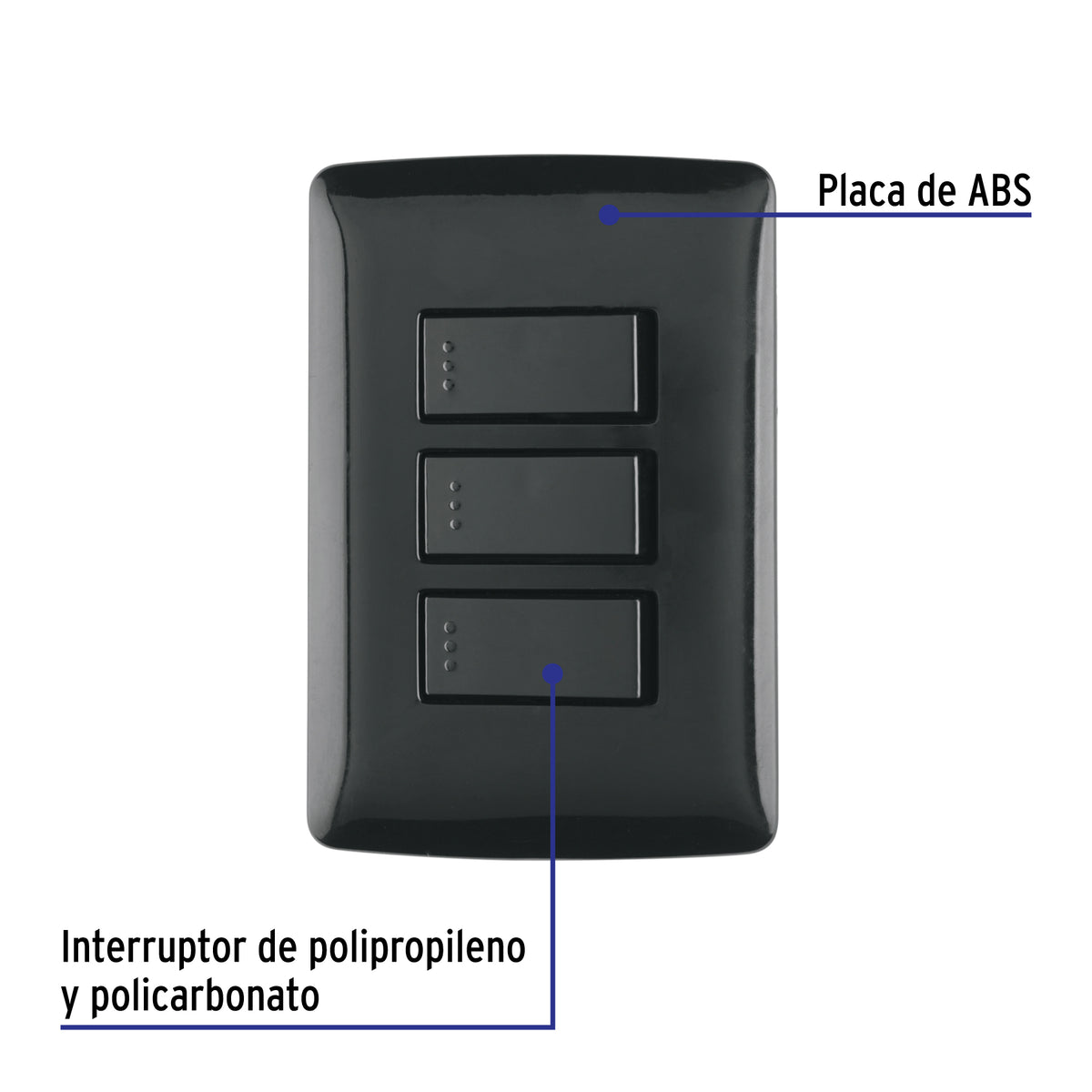 Placa armada 3 interruptores sencillos,negro, línea Italiana