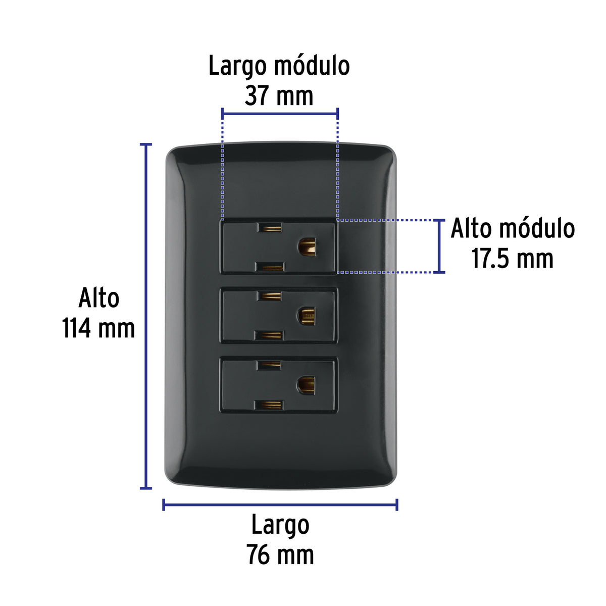 Placa armada 3 contactos aterrizados, negro, línea Italiana