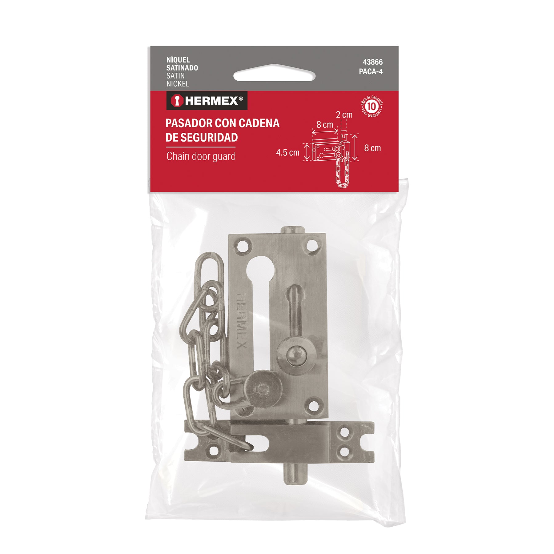 Pasador con cadena para puerta, acabado níquel satín, HERMEX