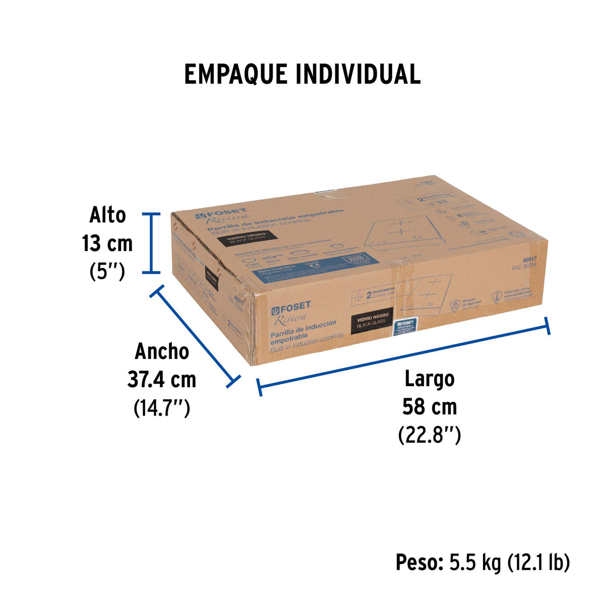 Parrilla inducción empotrable 30cm, 2 quem, vidrio, Riviera