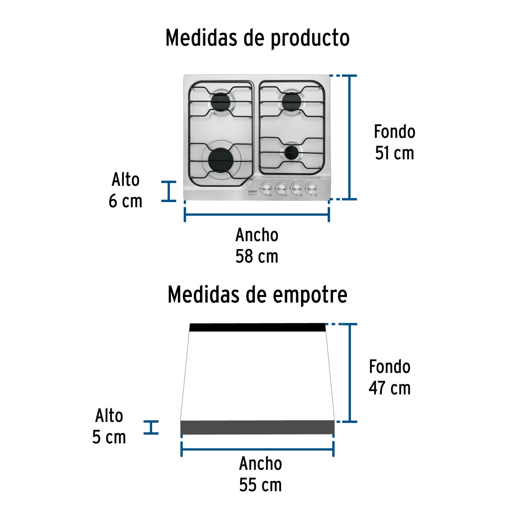 Parrilla gas empotrable 60cm, 4 quem, inox, esmalte, FOSET