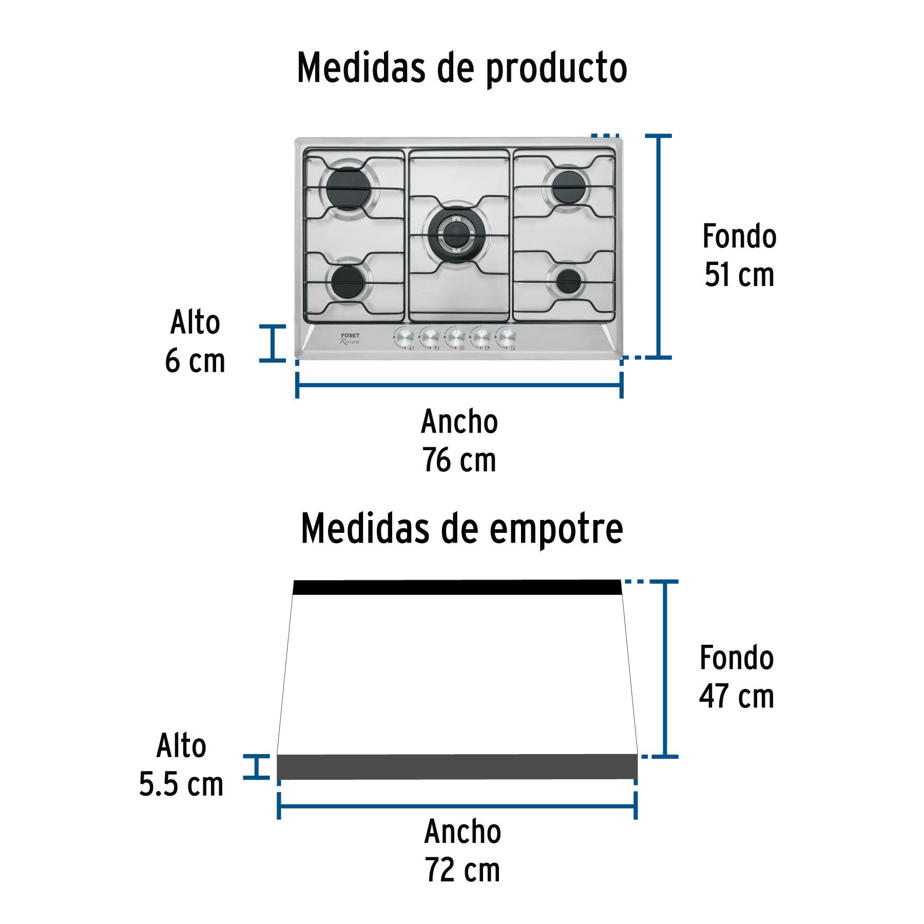Parrilla gas empotrable 75cm, 5 quem, inox, esmalte, FOSET