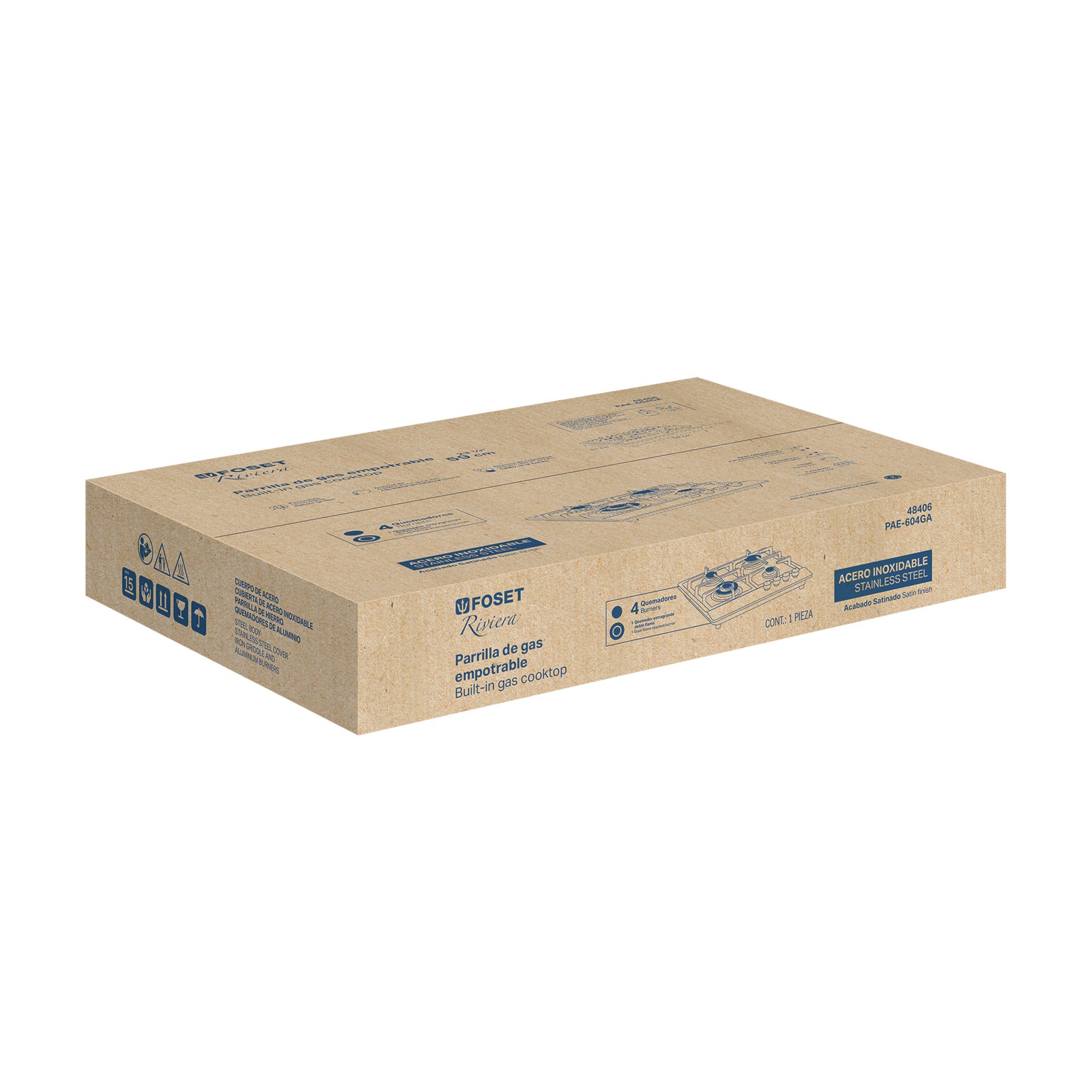 Parrilla de gas empotrable 4 quemadores, acero inox, Foset