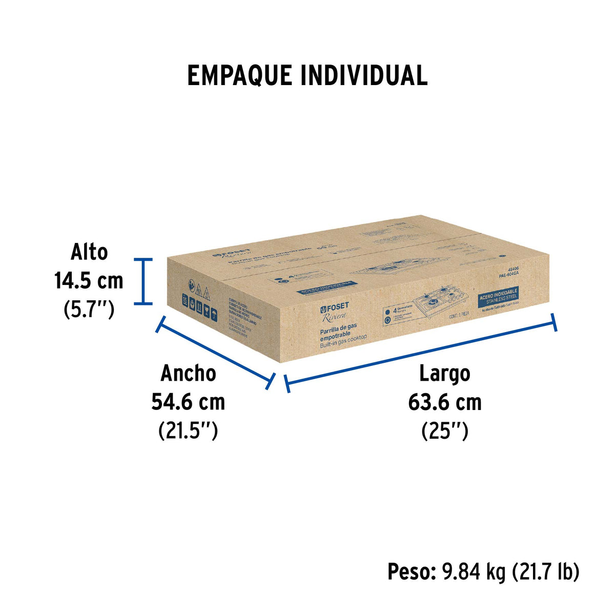 Parrilla de gas empotrable 4 quemadores, acero inox, Foset