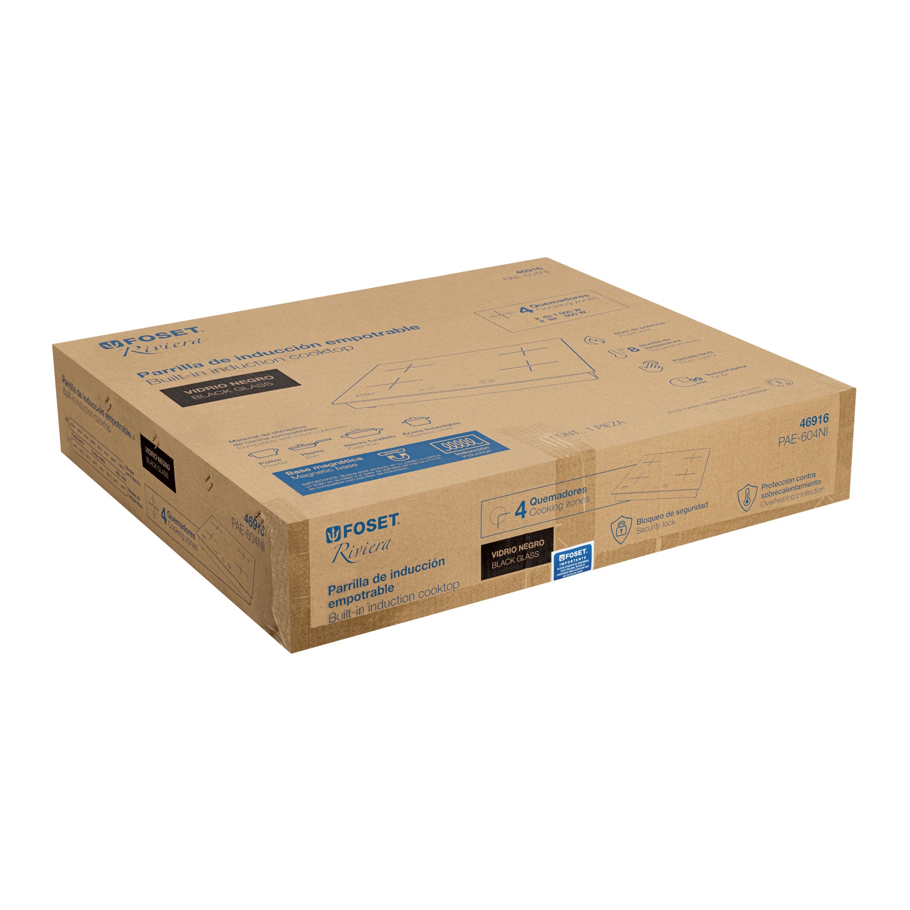 Parrilla inducción empotrable 60cm, 4 quem, vidrio, Riviera