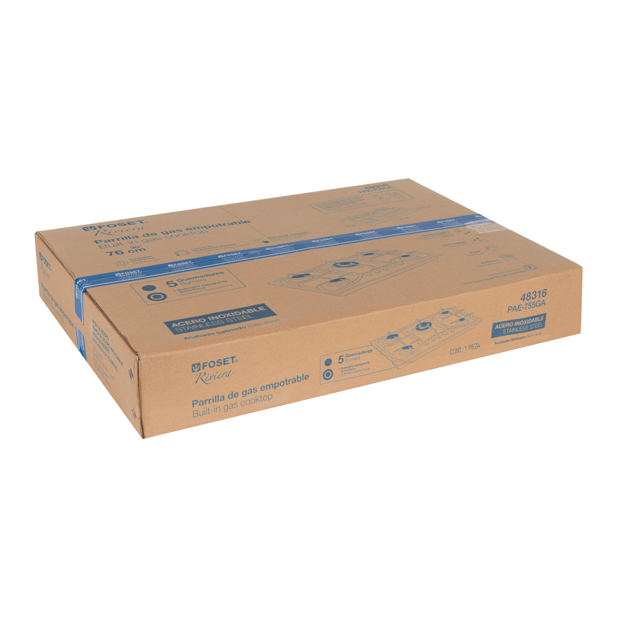 Parrilla gas empotrable 75cm, 5 quem, acero inox, Riviera