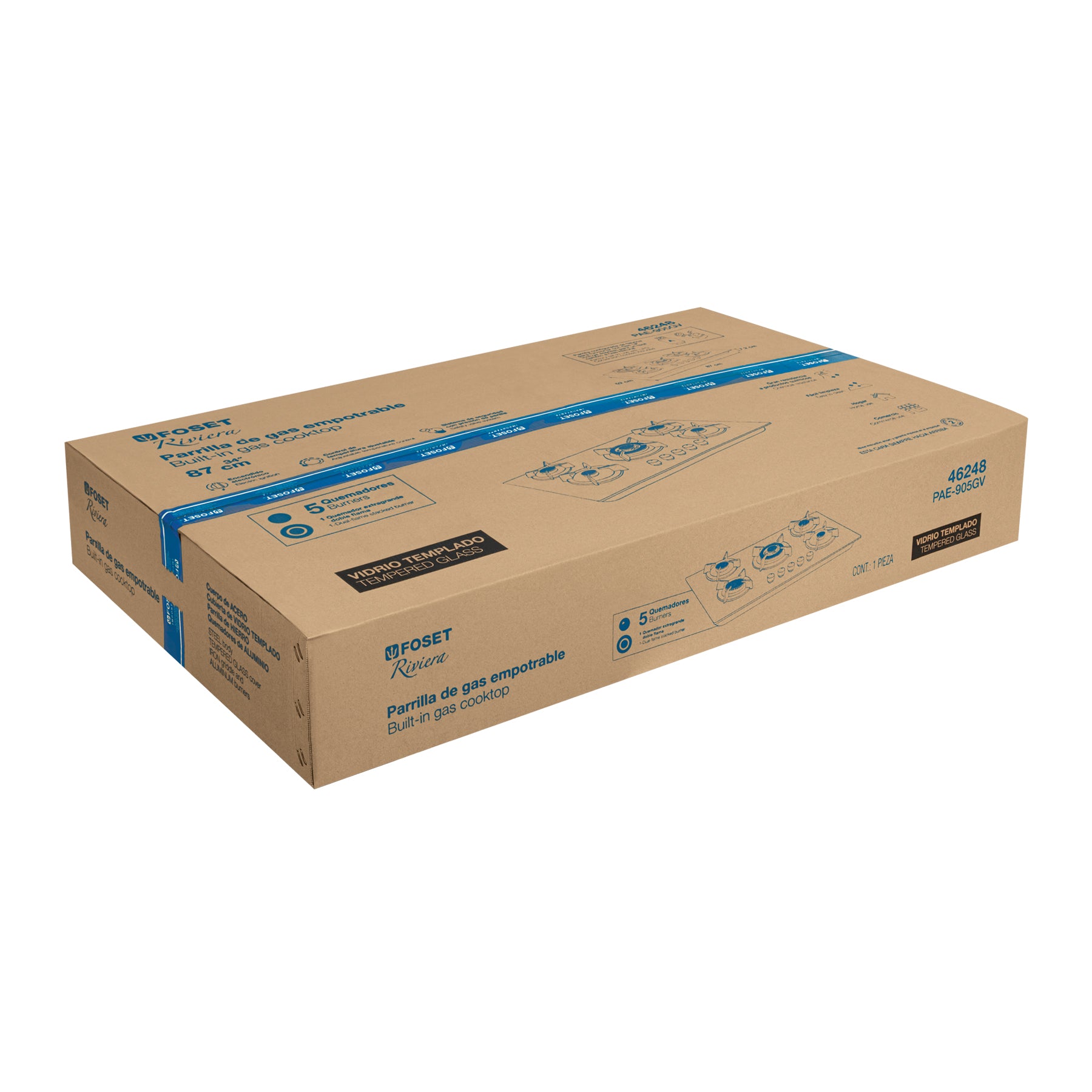 Parrilla gas empotrable 90cm, 5 quem, vidrio negro, Riviera
