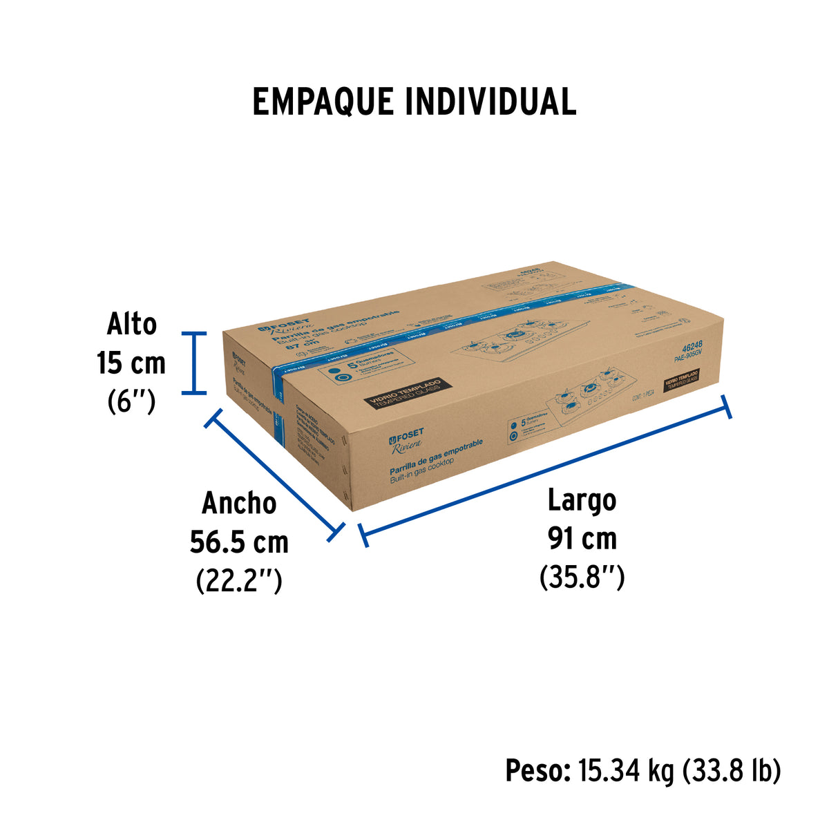 Parrilla gas empotrable 90cm, 5 quem, vidrio negro, Riviera
