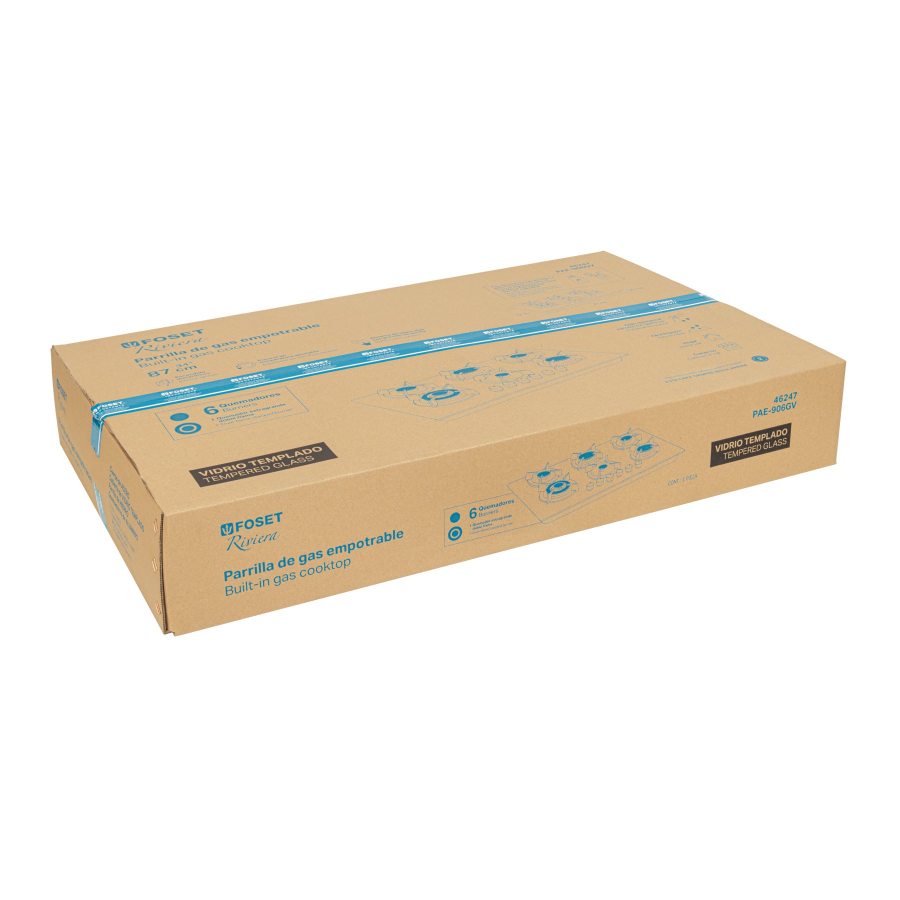 Parrilla gas empotrable 90cm, 6 quem, vidrio negro, Riviera