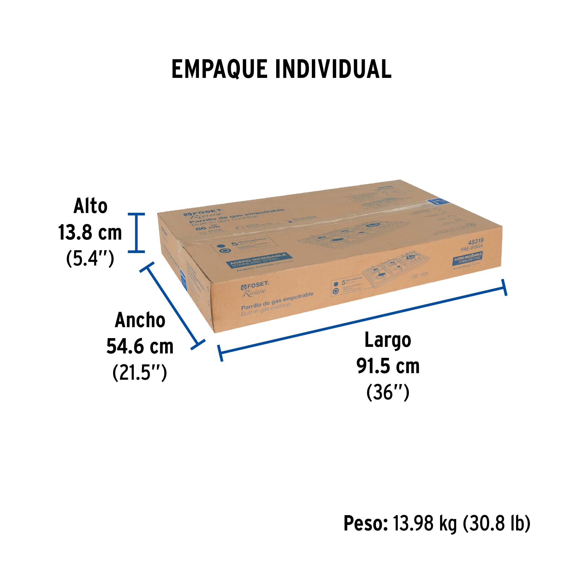 Parrilla gas empotrable 90cm, 5 quem, lateral, inox, Riviera