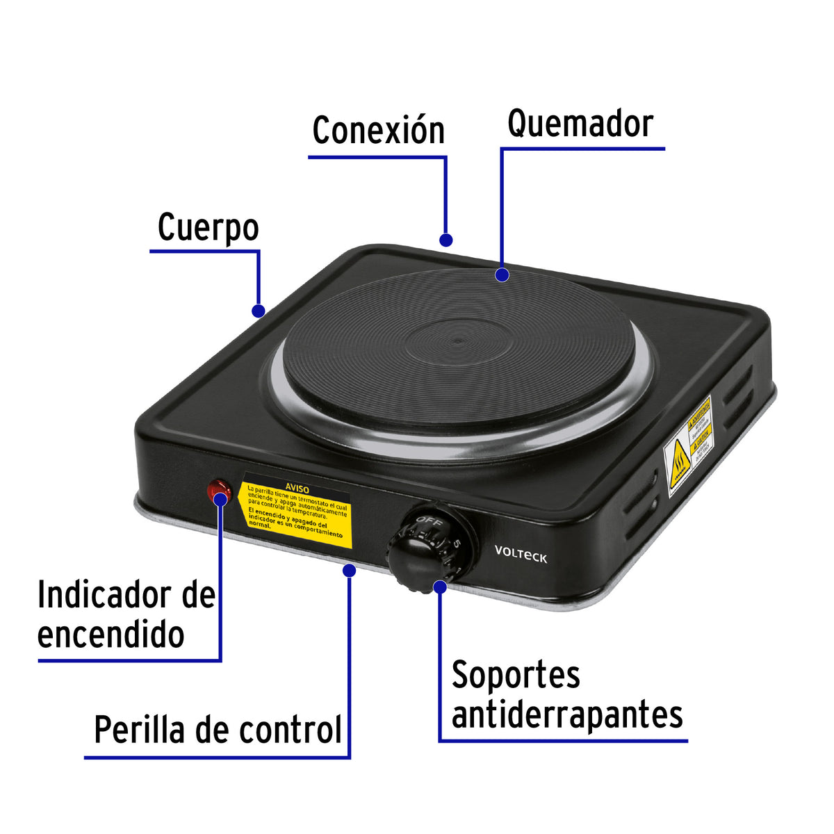 Parrilla eléctrica quemador tipo disco, negra, Volteck