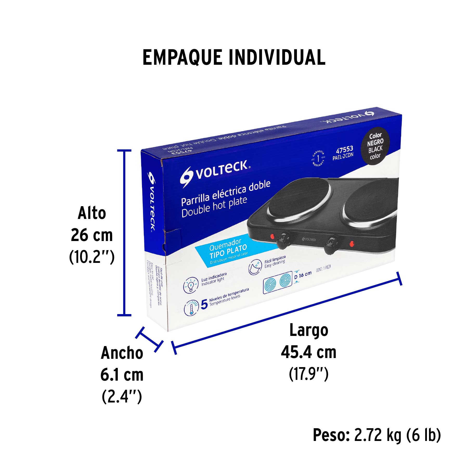 Parrilla eléctrica doble quemador tipo disco, negra, Volteck