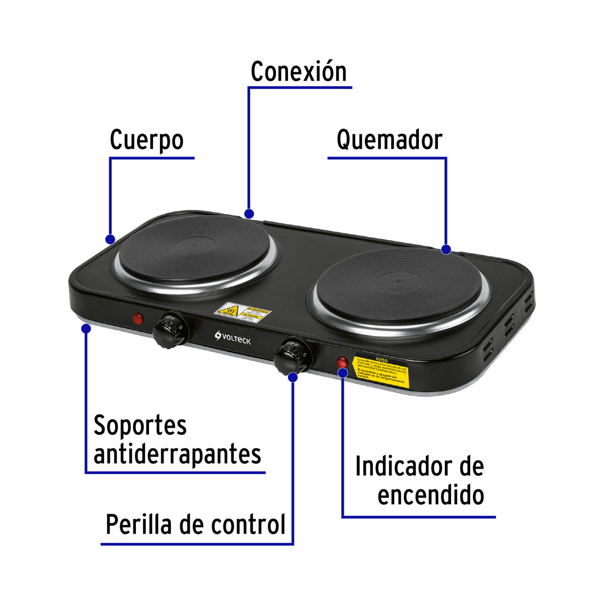 Parrilla eléctrica doble quemador tipo disco, negra, Volteck