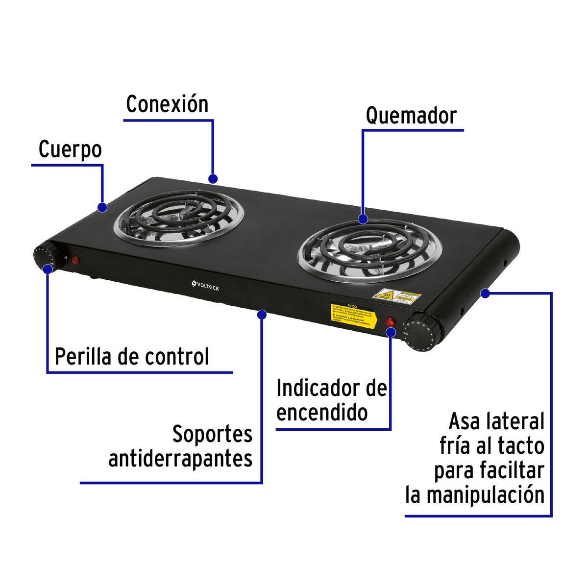 Parrilla eléctrica de doble resistencia, negra, Volteck