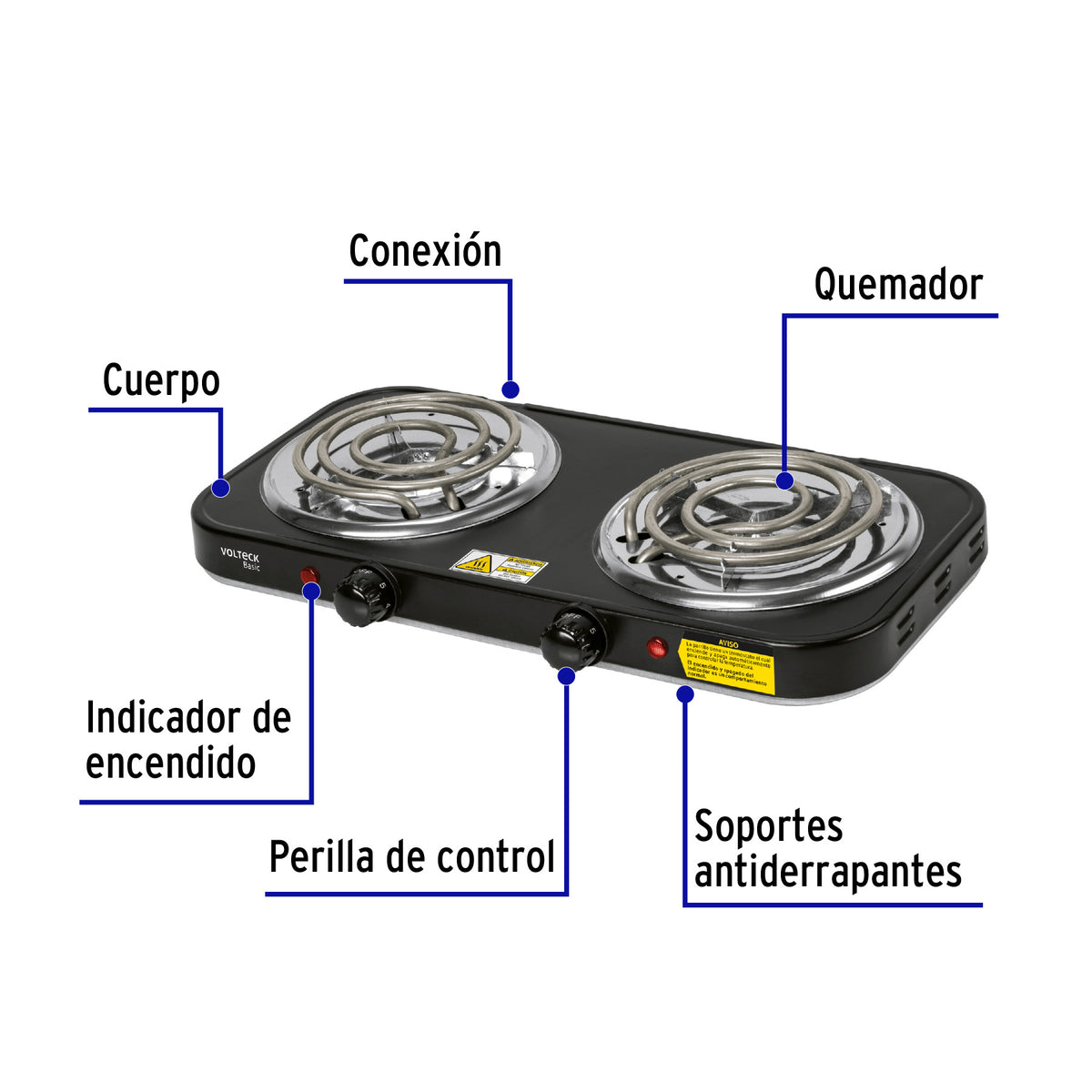 Parrilla eléctrica 2 quemadores en espiral, negra, Basic