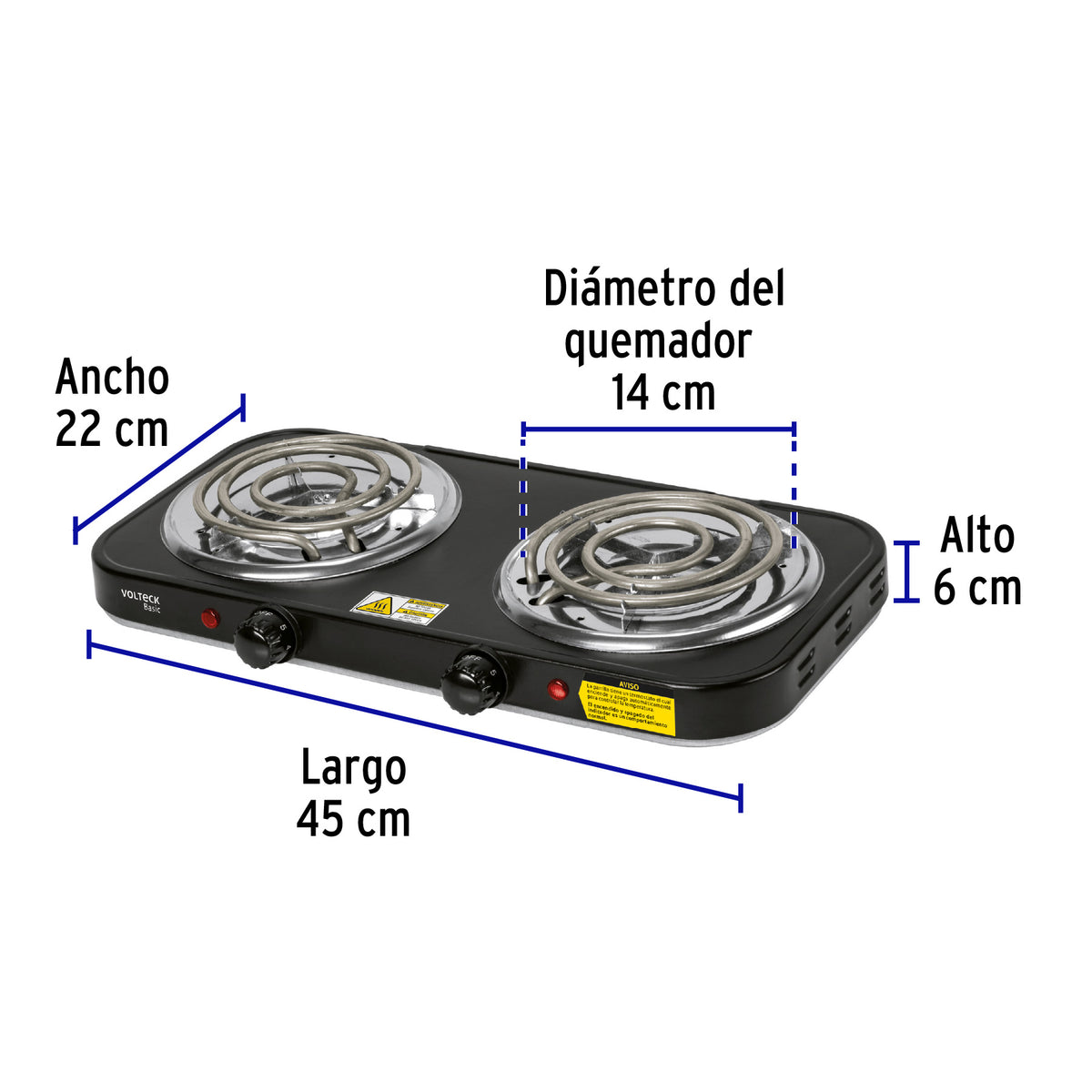 Parrilla eléctrica 2 quemadores en espiral, negra, Basic
