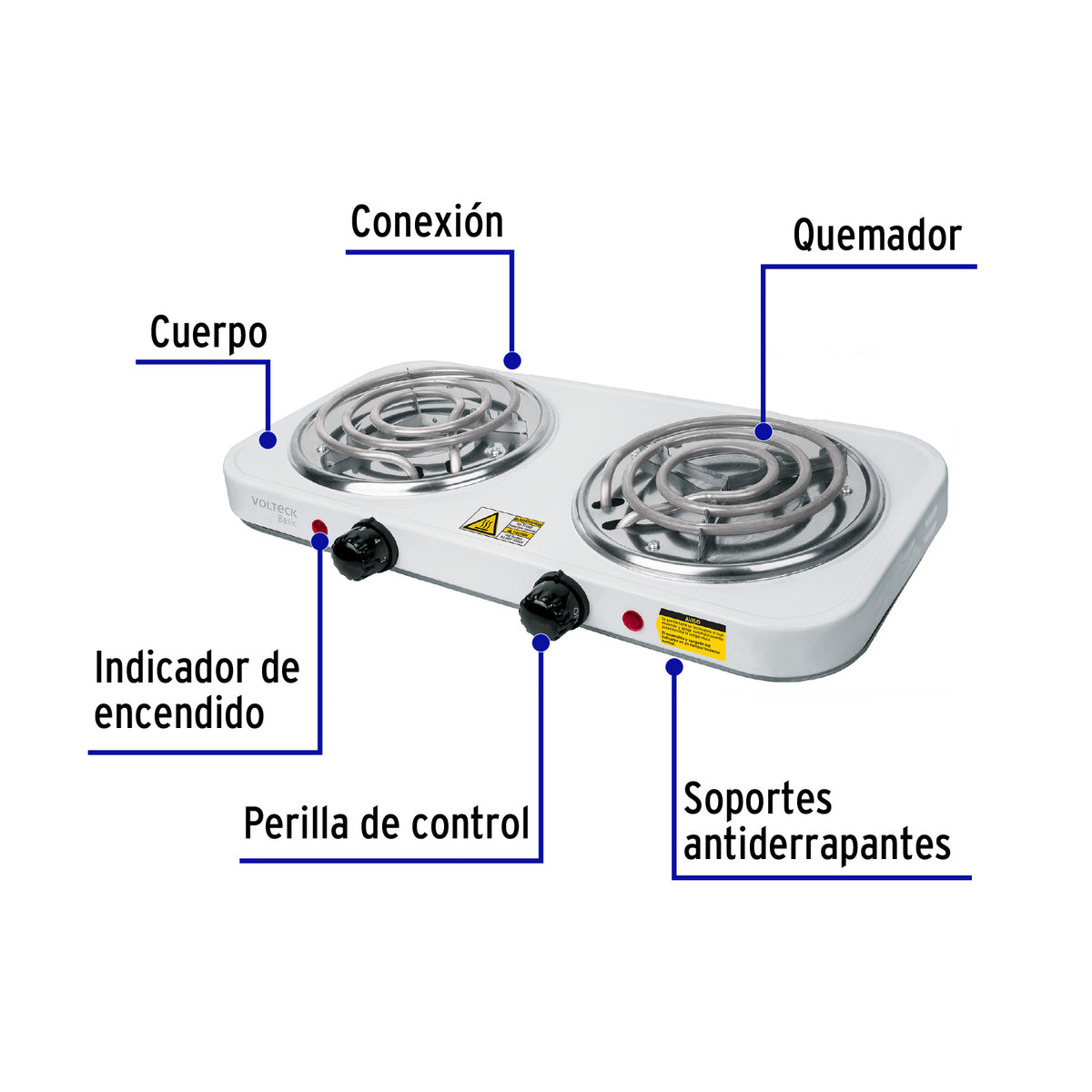 Parrilla eléctrica 2 quemadores, cuadrada, Volteck Basic