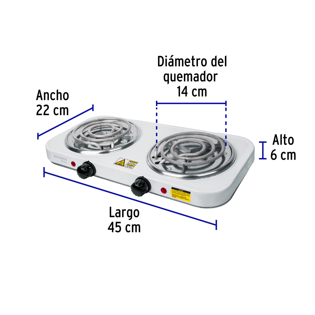 Parrilla eléctrica 2 quemadores, cuadrada, Volteck Basic