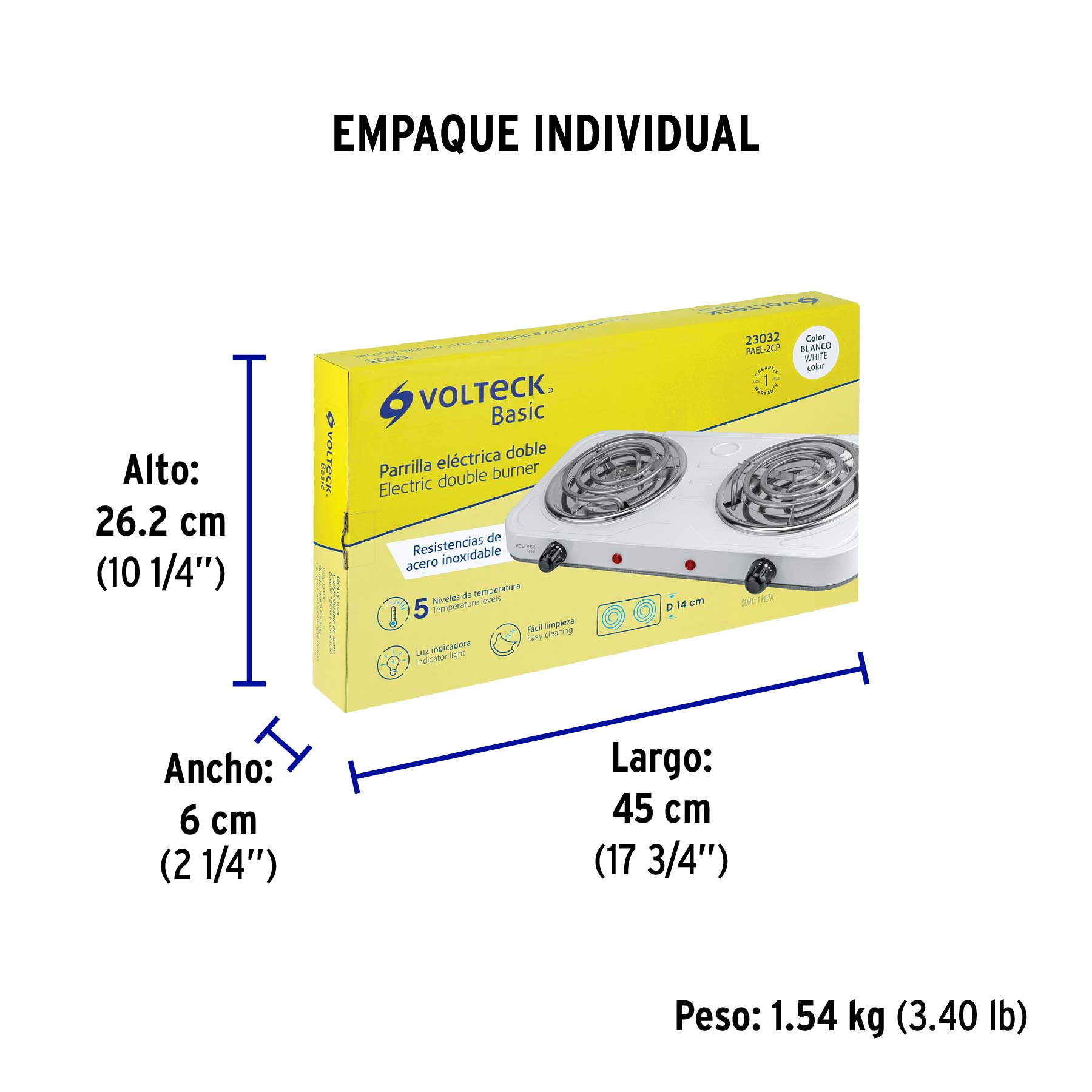 Parrilla eléctrica 2 quemadores, cuadrada, Volteck Basic