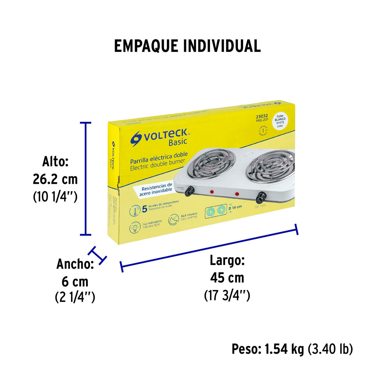 Parrilla eléctrica 2 quemadores, cuadrada, Volteck Basic