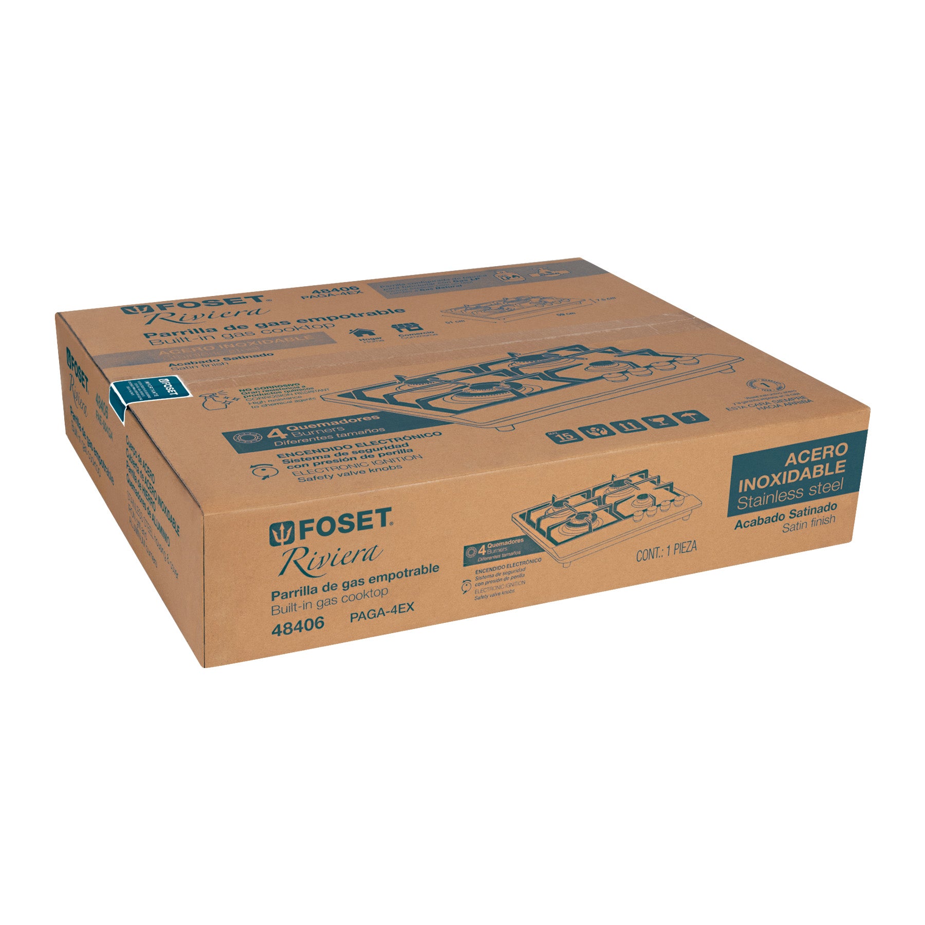 Parrilla de gas empotrable 4 quemadores, acero inox, Foset