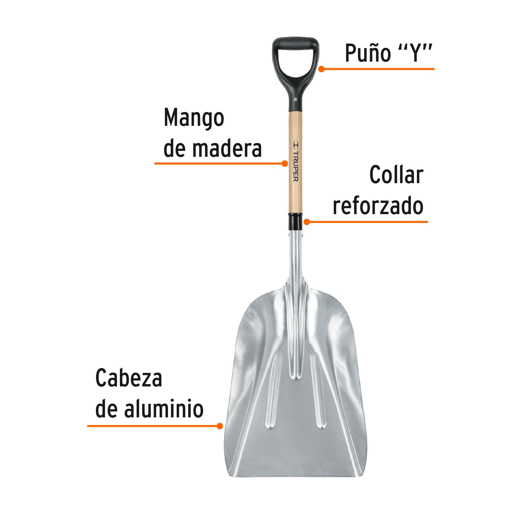 Pala sanitaria cabeza #15-1/2 aluminio, puño "y", mango 27"