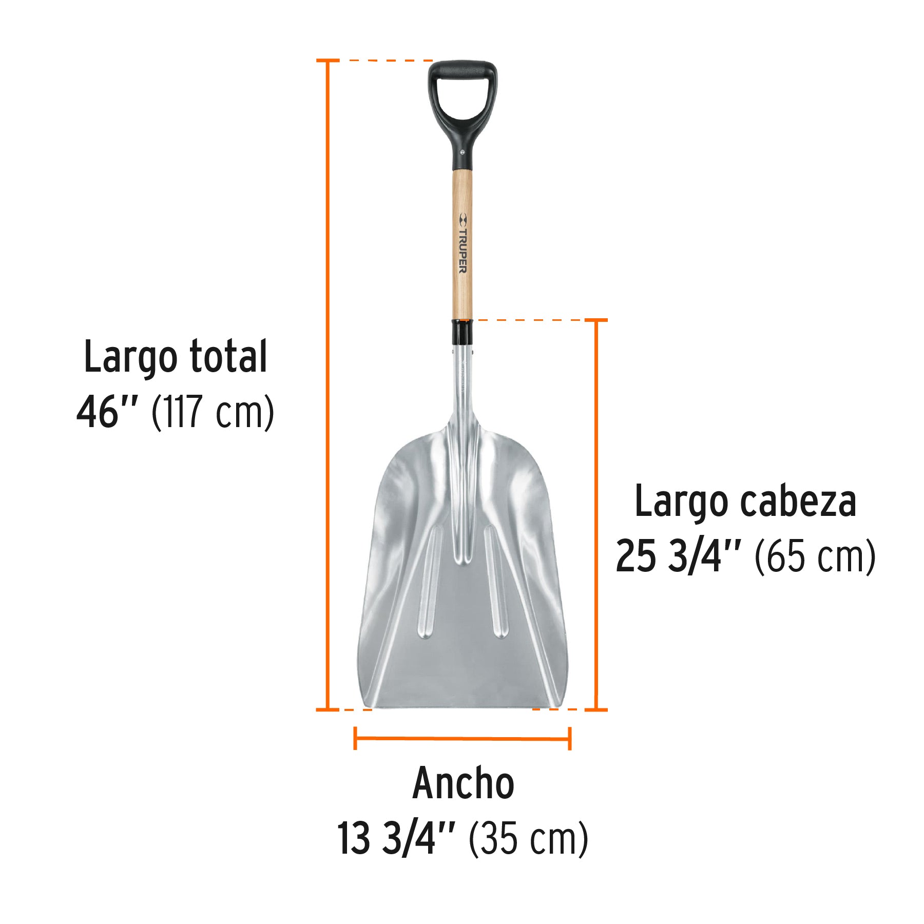 Pala sanitaria cabeza #15-1/2 aluminio, puño "y", mango 27"