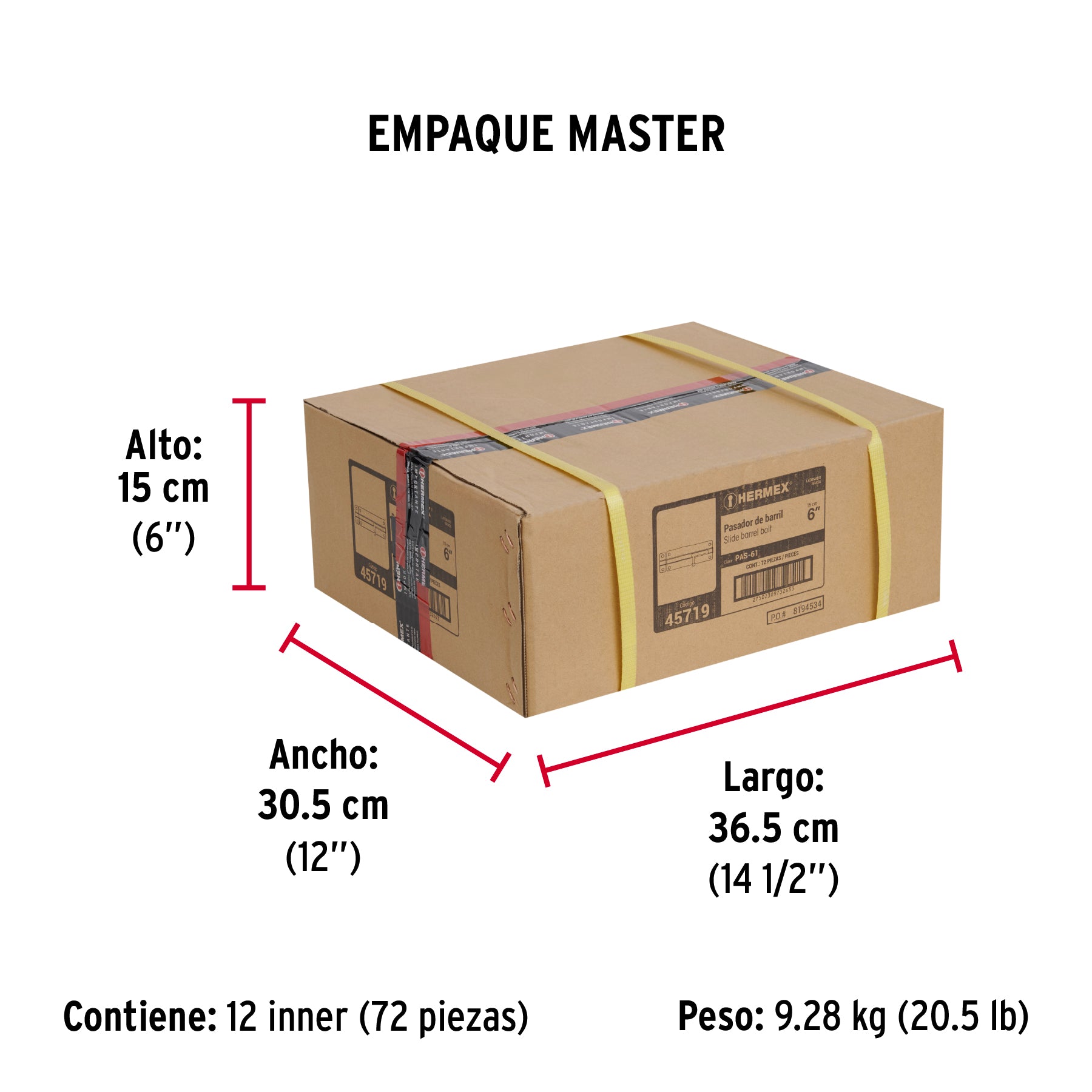 Pasador de barril de acero latón 6', Hermex