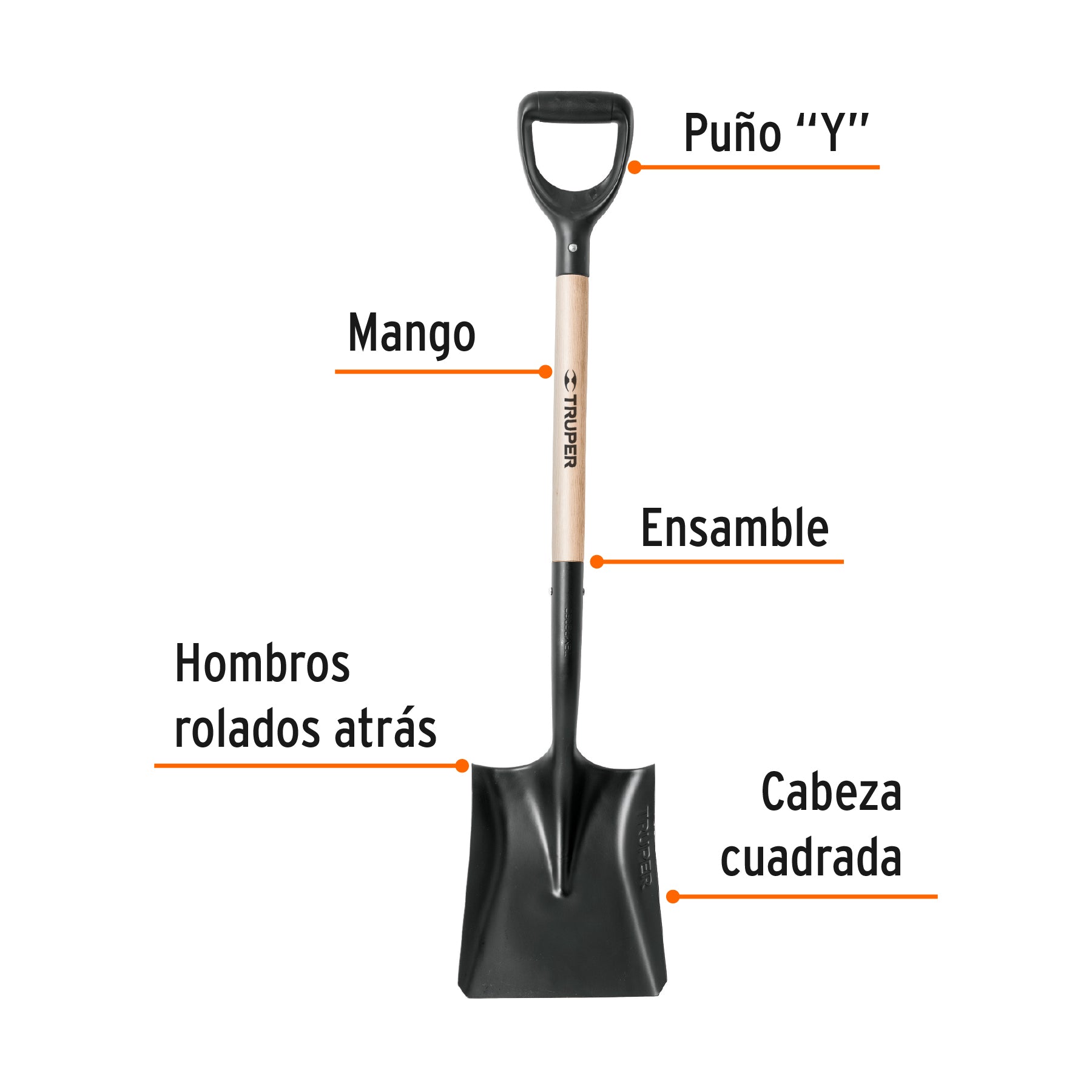 Pala T-1000 cuadrada, puño "Y", mango 18"