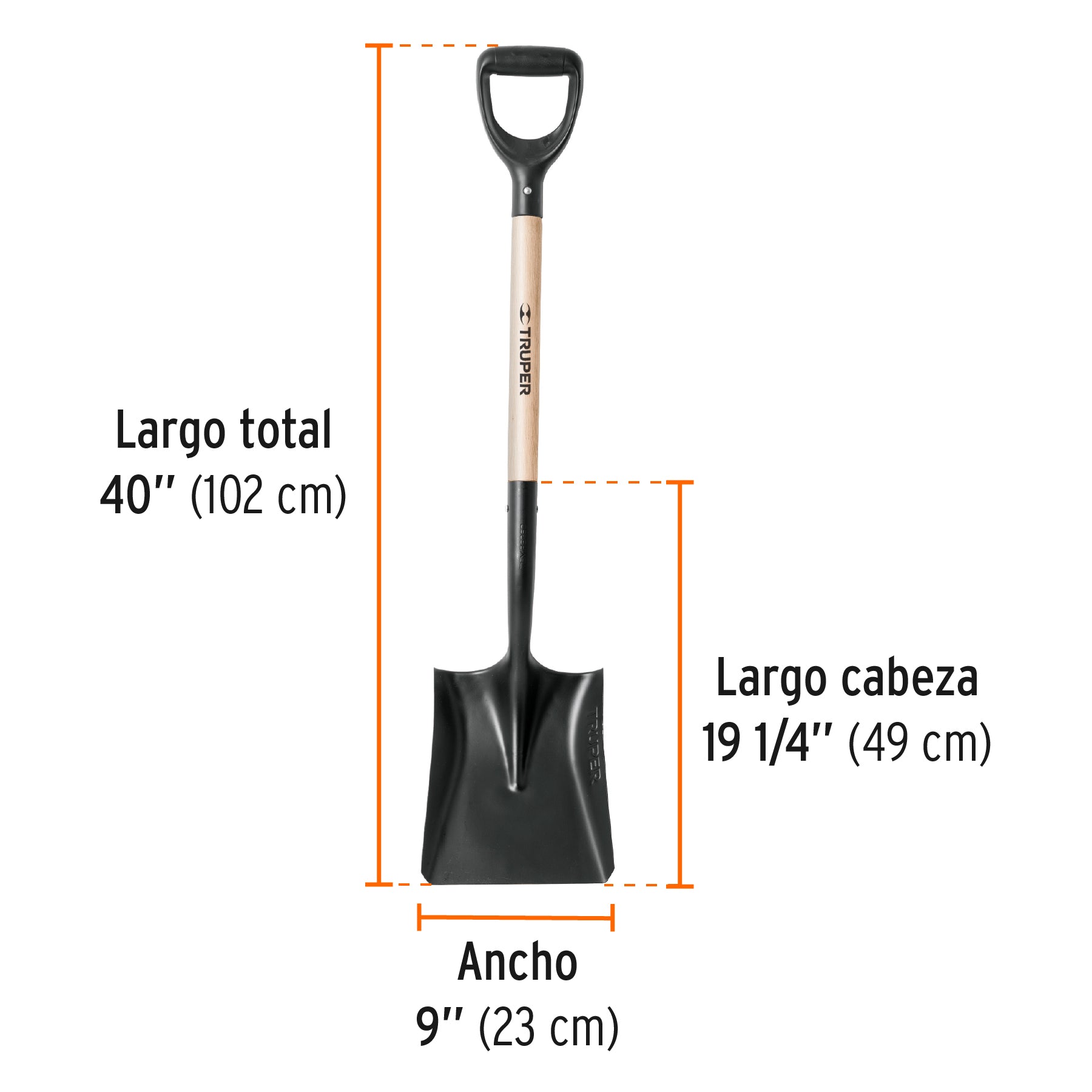 Pala T-1000 cuadrada, puño "Y", mango 18"
