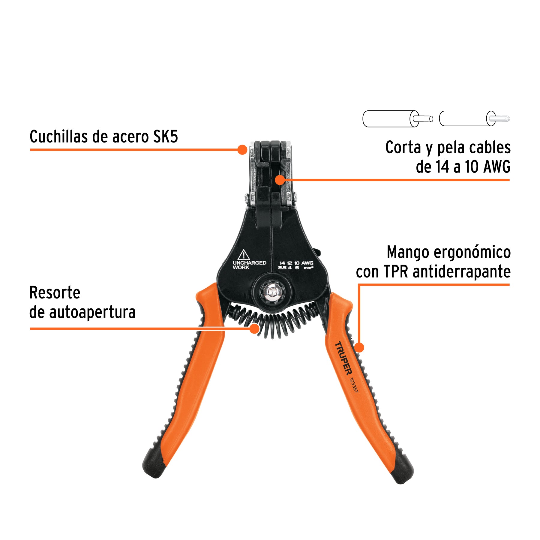 Pinza 6.5' pela cables automática, 14 a 10 AWG, TRUPER