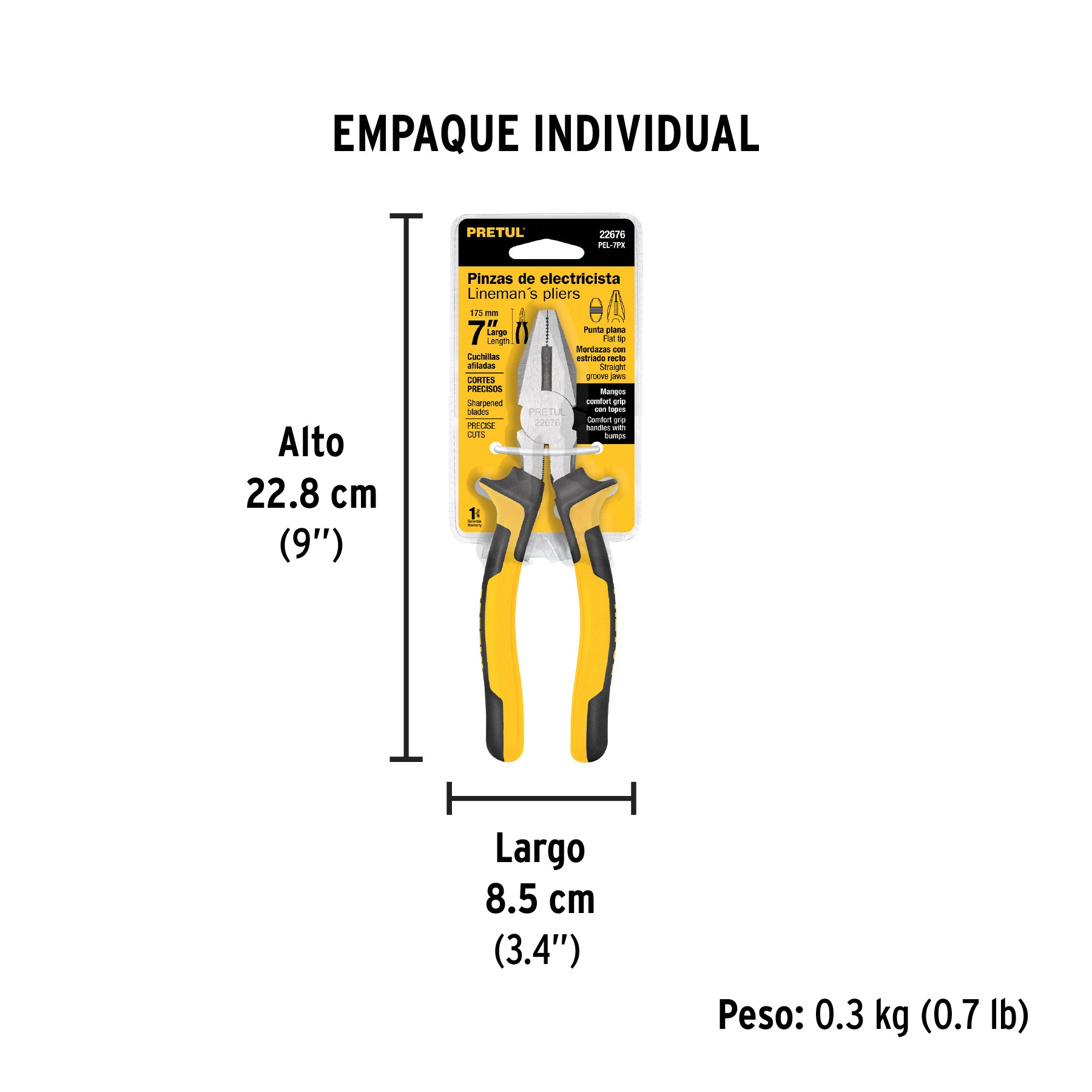 Pinza para electricista 7", mango comfort grip, Pretul