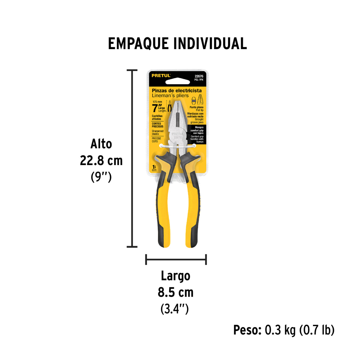 Pinza para electricista 7", mango comfort grip, Pretul