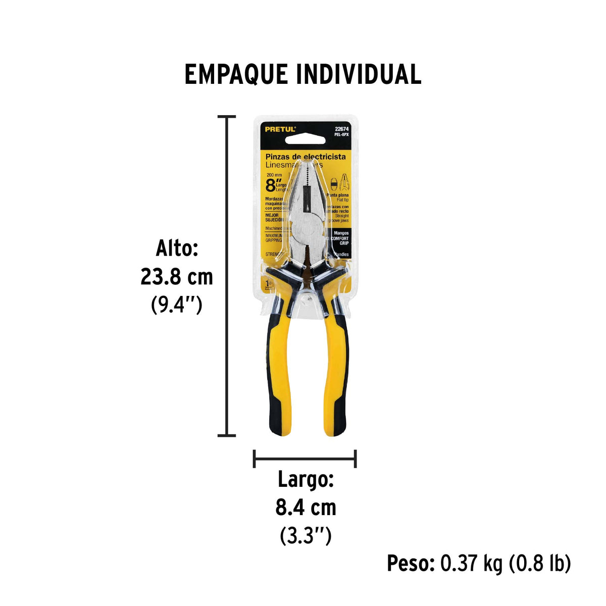 Pinza para electricista 8", mango comfort grip, pretul