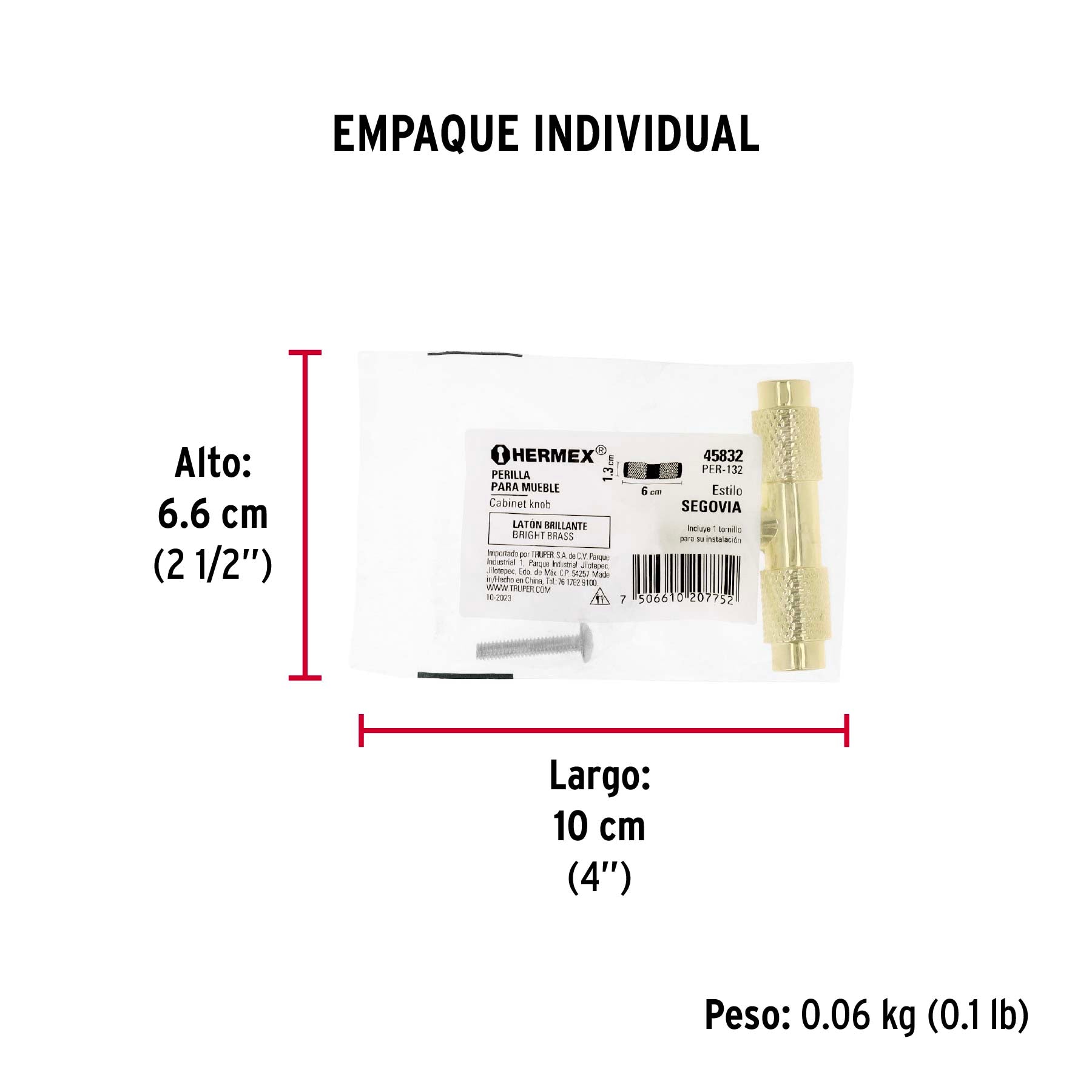 Perilla metálica estilo ' Segovia', latón brillante, Hermex