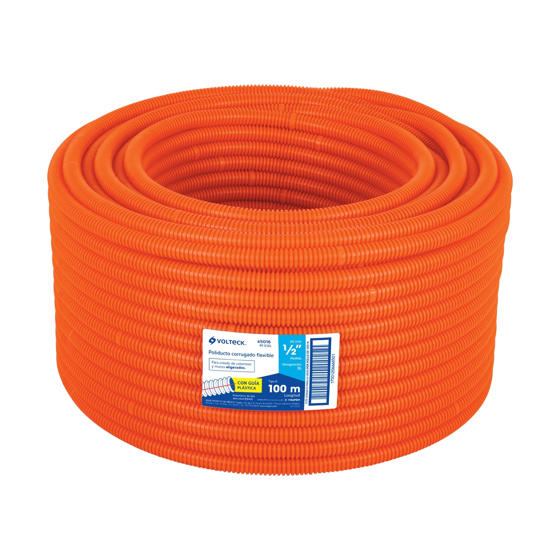 Tubo corrugado flexible, 1/2", con guía, rollo 100 m,Volteck