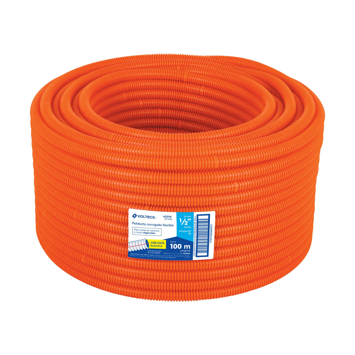 Tubo corrugado flexible, 1/2", con guía, rollo 100 m,Volteck