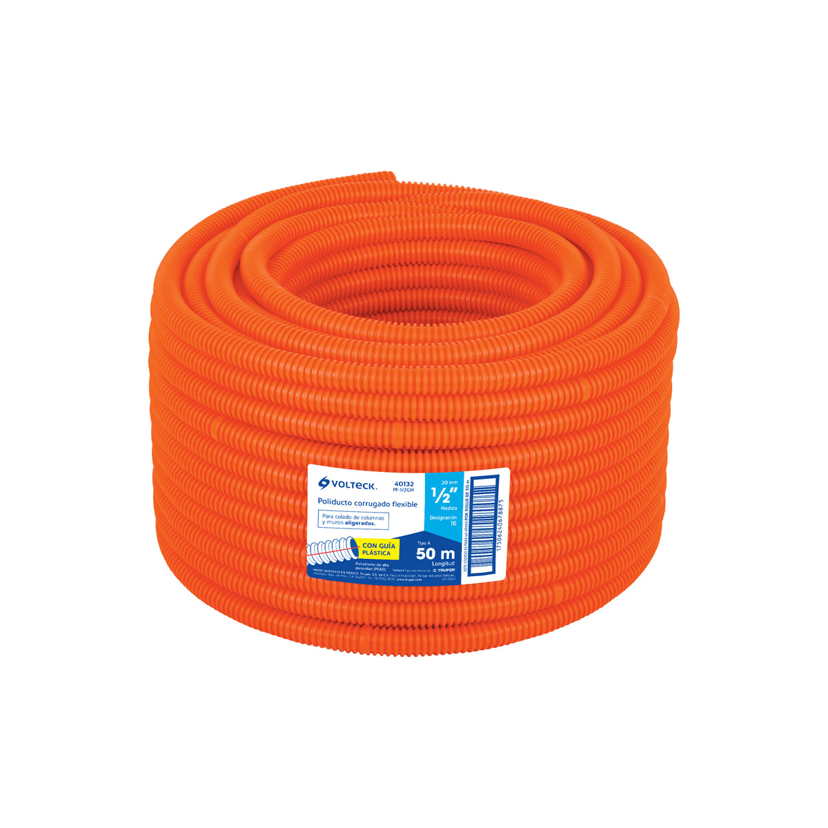 Poliducto corrugado flexible,1/2',con guía,rollo 50m,Volteck